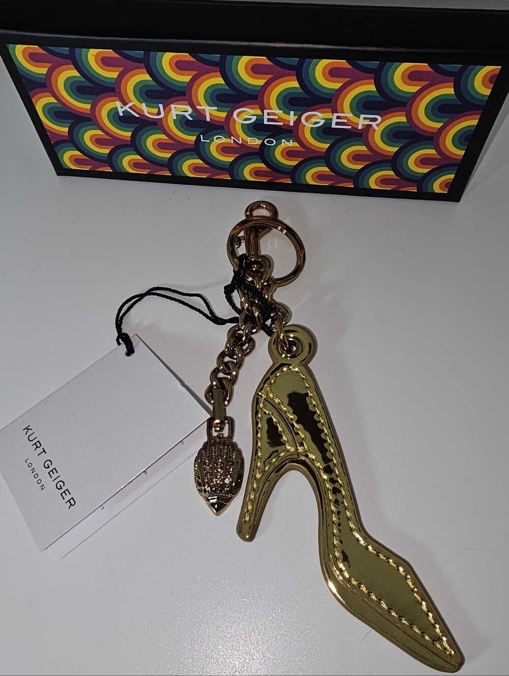 Kurt Geiger Gold High Heel Keychain NWT and Box